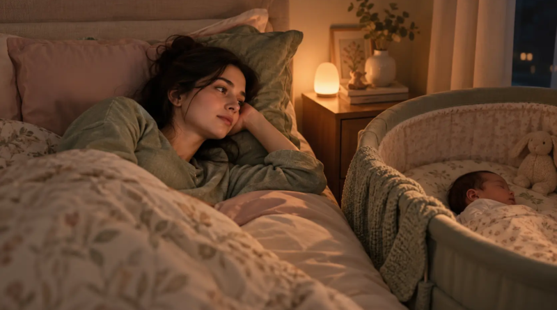 New mom lying awake in bed at night beside her sleeping baby in a bassinet