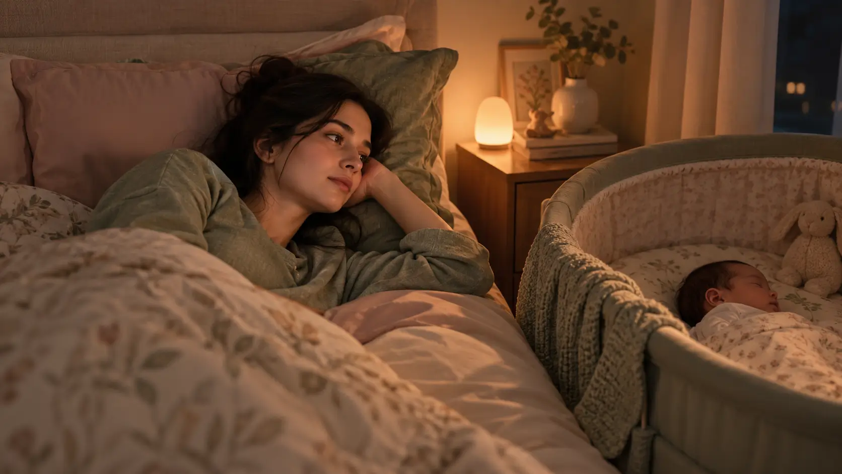 New mom lying awake in bed at night beside her sleeping baby in a bassinet