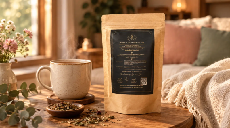 Kraft pouch of herbal tea beside a steaming mug on a sunlit wooden table