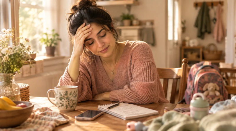 Tired mom at a cluttered kitchen table holding her forehead, feeling decision fatigue