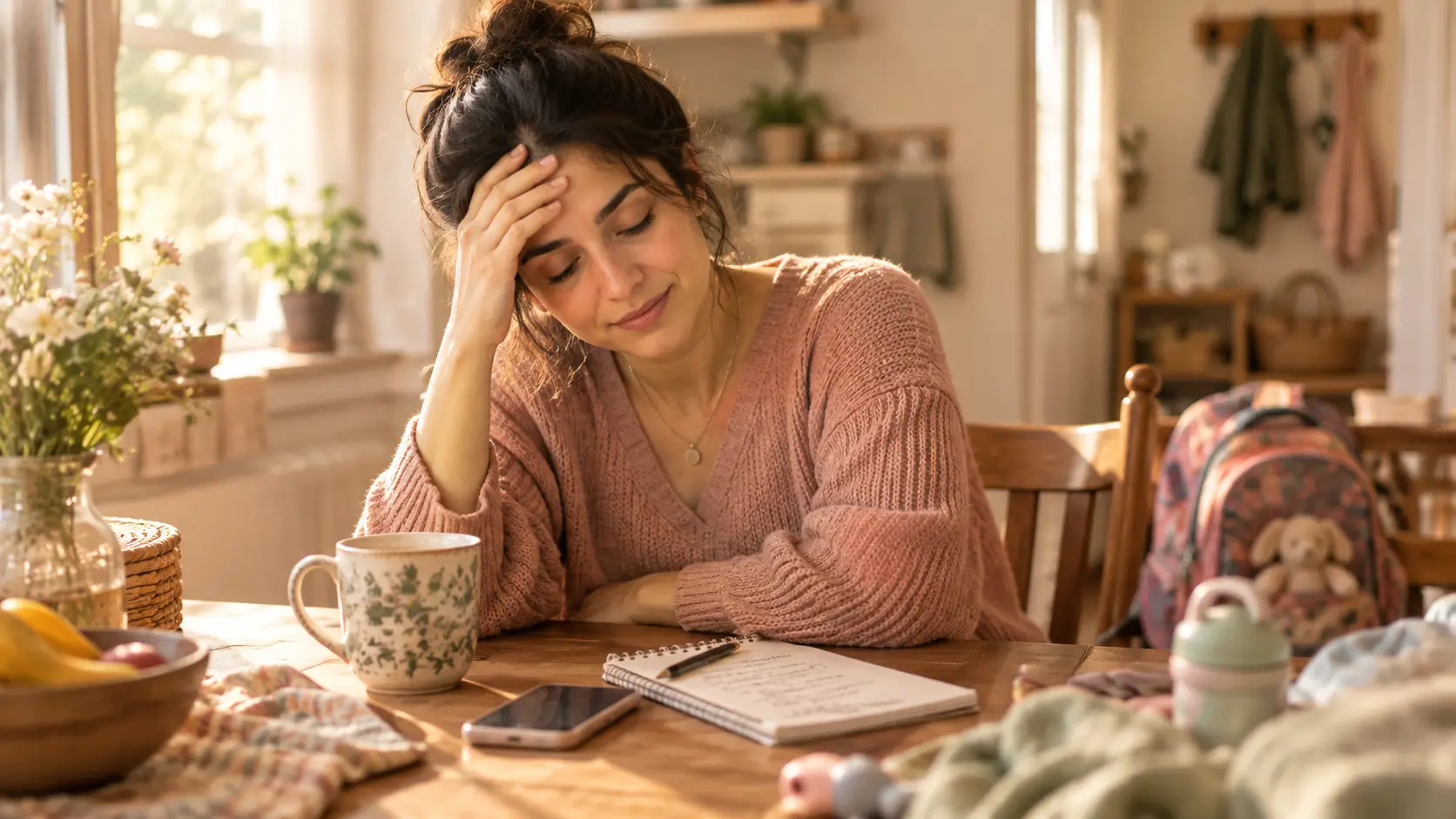 Tired mom at a cluttered kitchen table holding her forehead, feeling decision fatigue