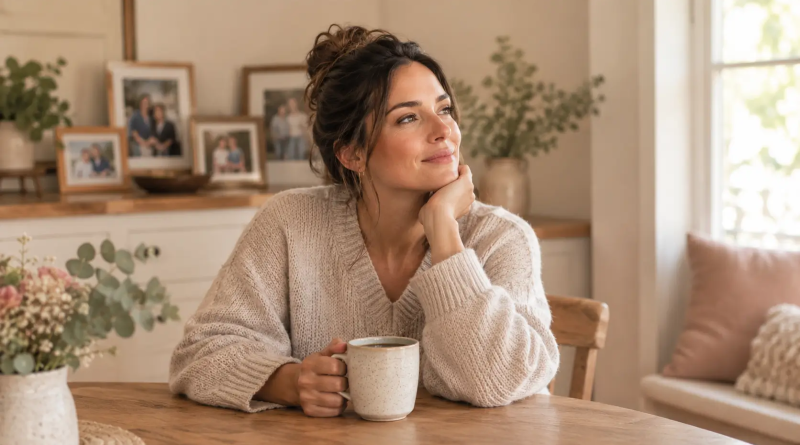 Mom smiling thoughtfully at the kitchen table with a mug, family photos on the shelf behind her