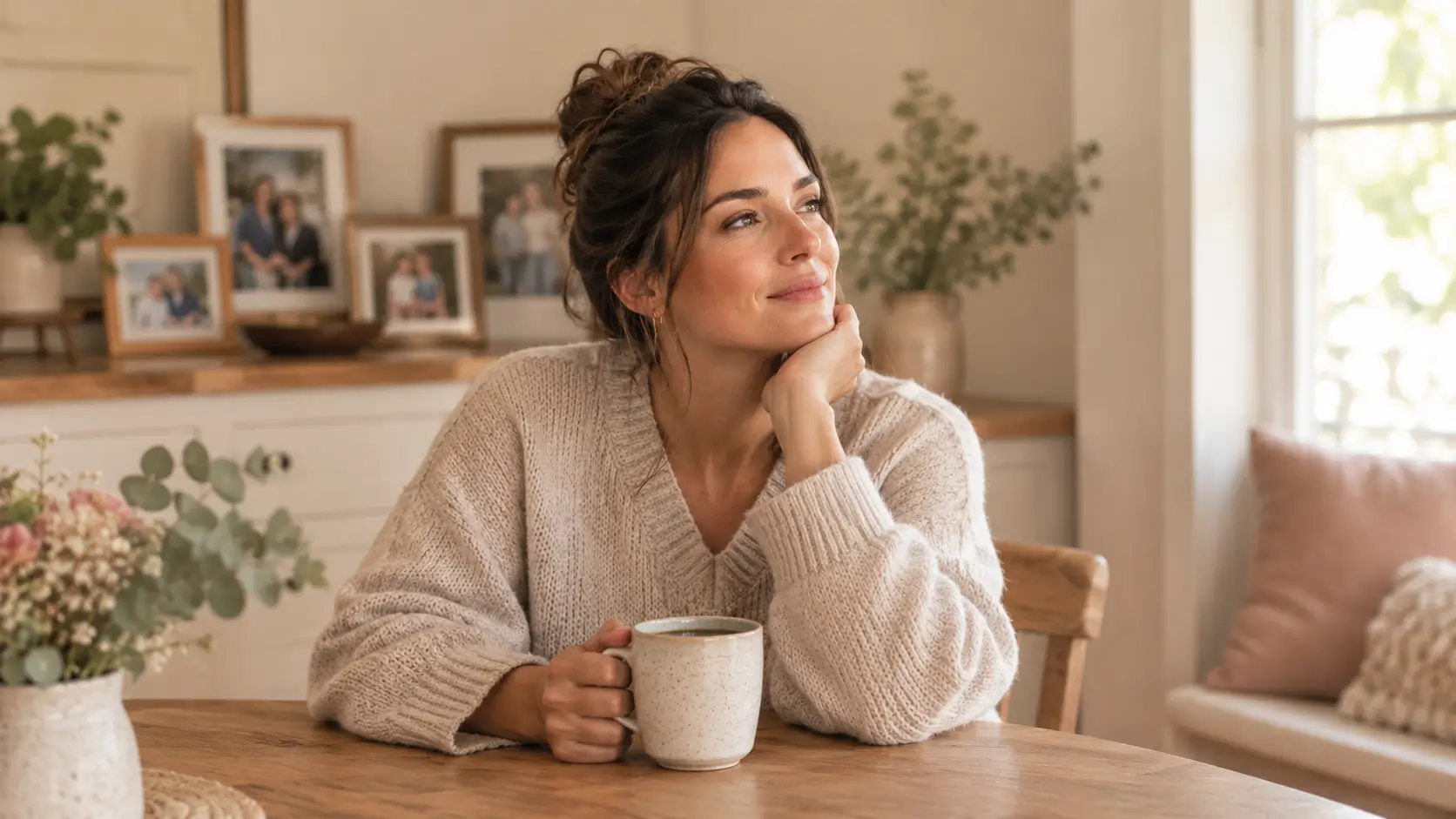 Mom smiling thoughtfully at the kitchen table with a mug, family photos on the shelf behind her