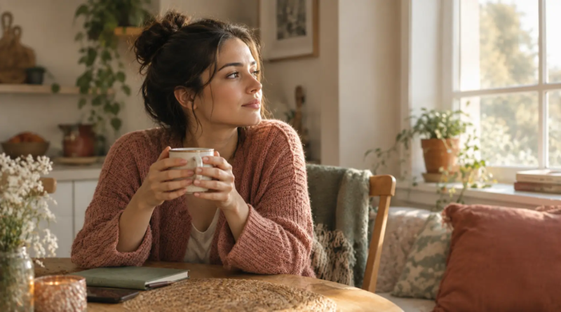 Mom sitting alone at the kitchen table with a cup of tea, looking out the window in quiet thought