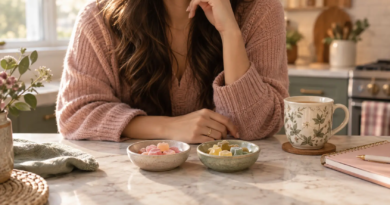 Mom in a blush sweater at a marble kitchen counter comparing two small bowls of gummies with a cup of tea