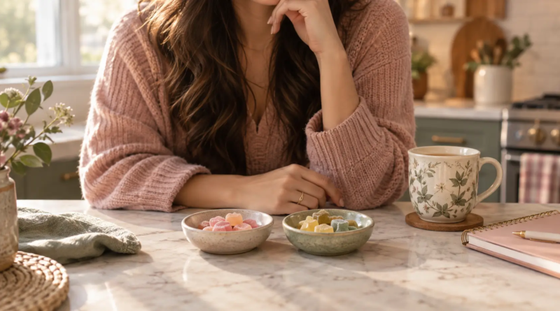 Mom in a blush sweater at a marble kitchen counter comparing two small bowls of gummies with a cup of tea