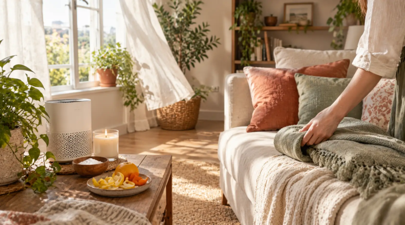 Fresh, airy living room with an open window and air purifier to get rid of weed smell