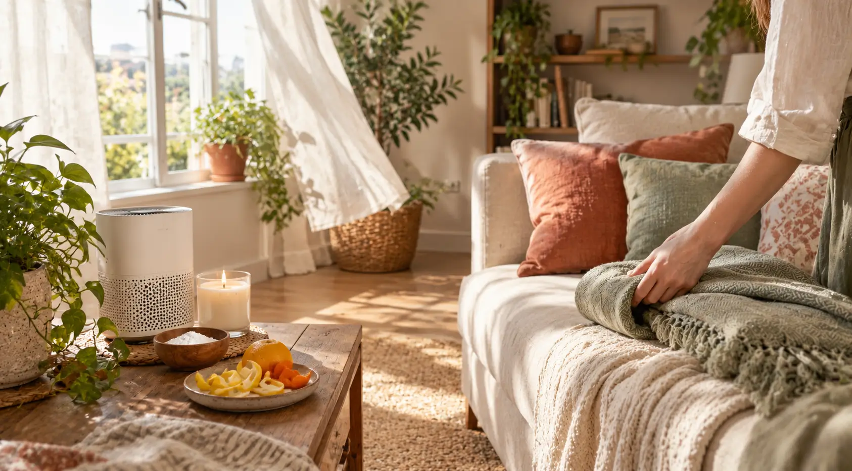 Fresh, airy living room with an open window and air purifier to get rid of weed smell