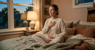 Woman sitting on her bed at dusk with one hand on her chest and one on her belly, practicing calming breathing
