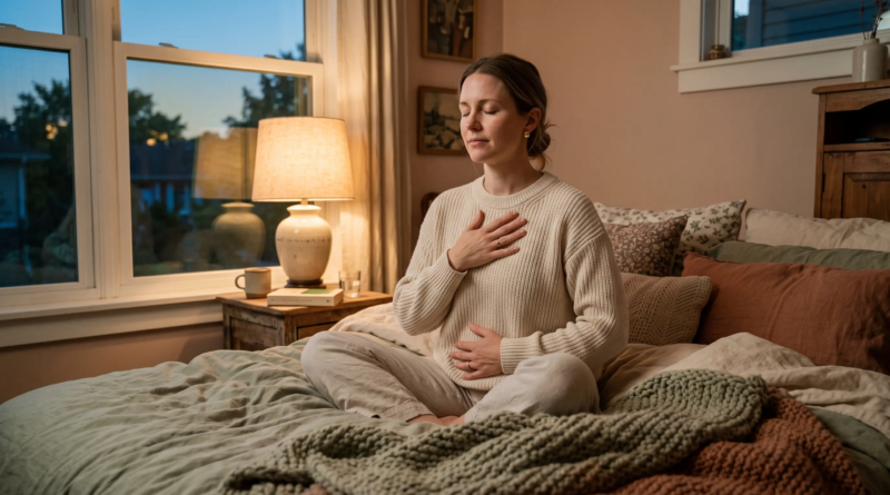Woman sitting on her bed at dusk with one hand on her chest and one on her belly, practicing calming breathing