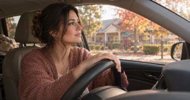 Mom in a cozy cardigan sitting in her car outside a daycare in the fall, gazing thoughtfully out the window