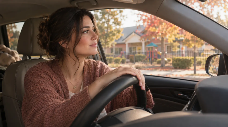 Mom in a cozy cardigan sitting in her car outside a daycare in the fall, gazing thoughtfully out the window