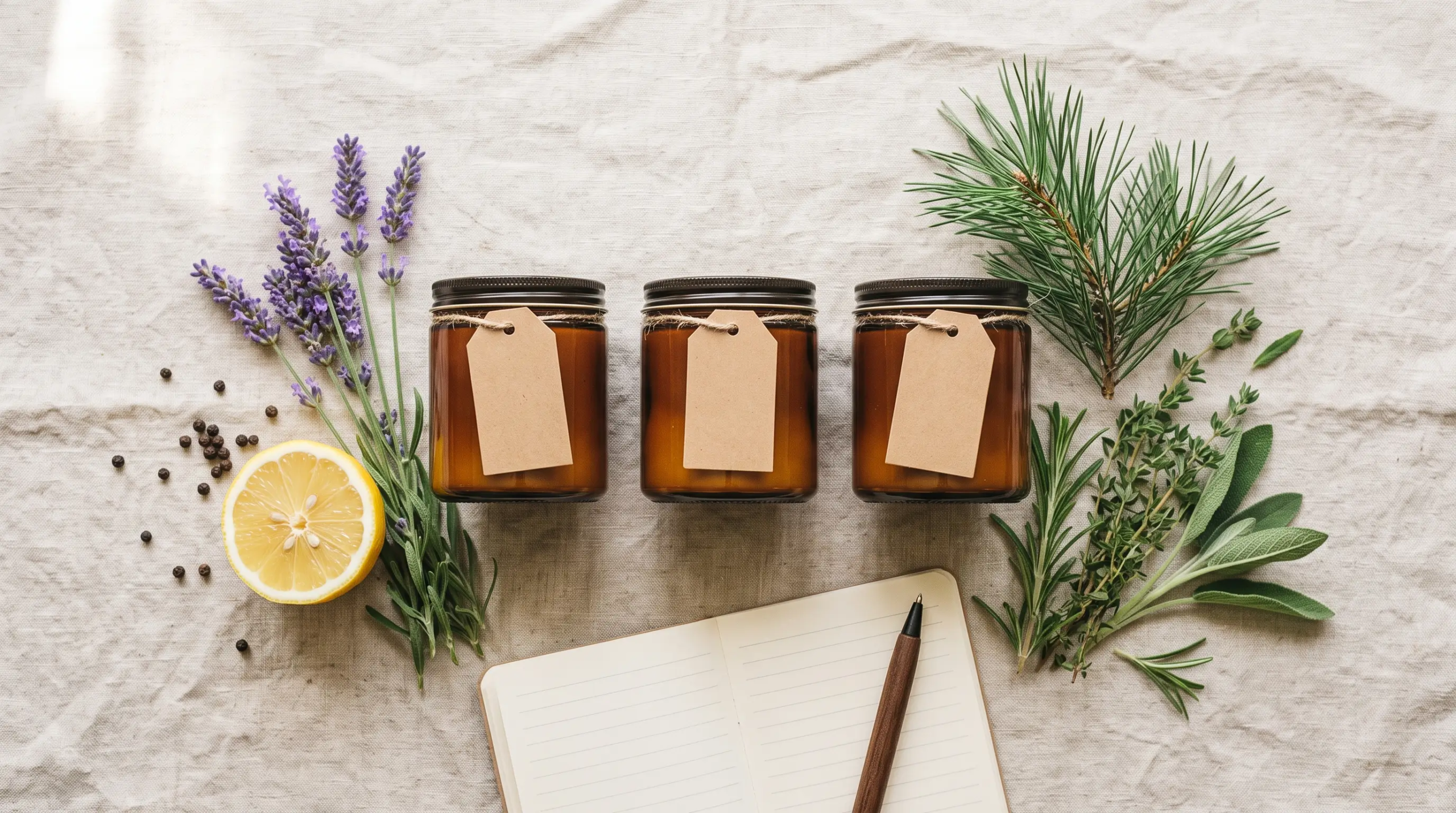 Flat lay of three amber jars with lavender, lemon, pine and pepper, illustrating sativa vs indica vs hybrid terpenes