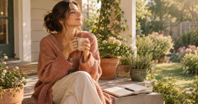 Mom enjoying a quiet morning coffee and journal on the porch, a simple self-care moment for moms