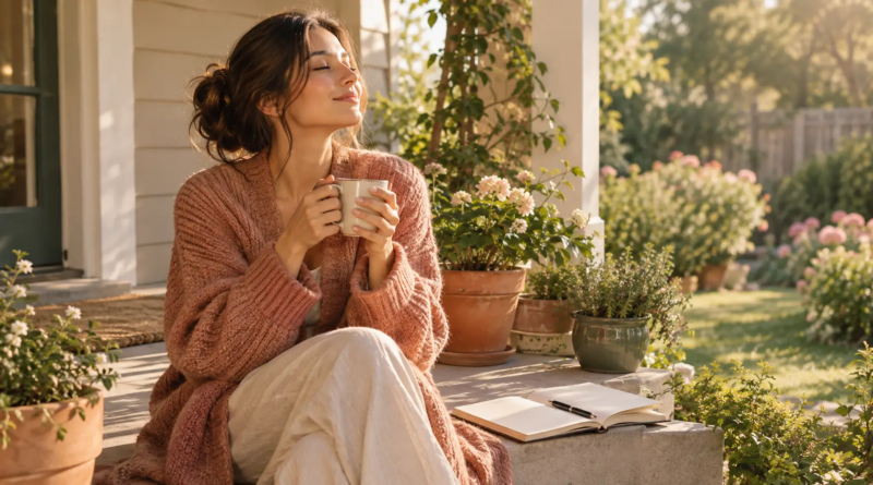 Mom enjoying a quiet morning coffee and journal on the porch, a simple self-care moment for moms