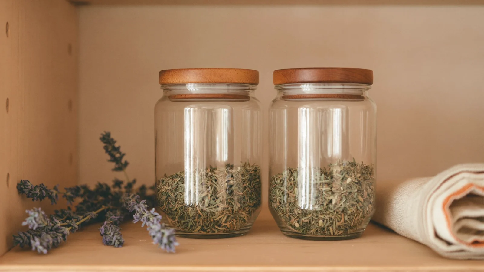 Two airtight glass jars with wooden lids on a cool, dark pantry shelf, the best way to store dried flower so it does not go bad