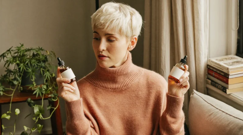 Woman with a short platinum pixie cut comparing two small amber dropper bottles by a sunny window
