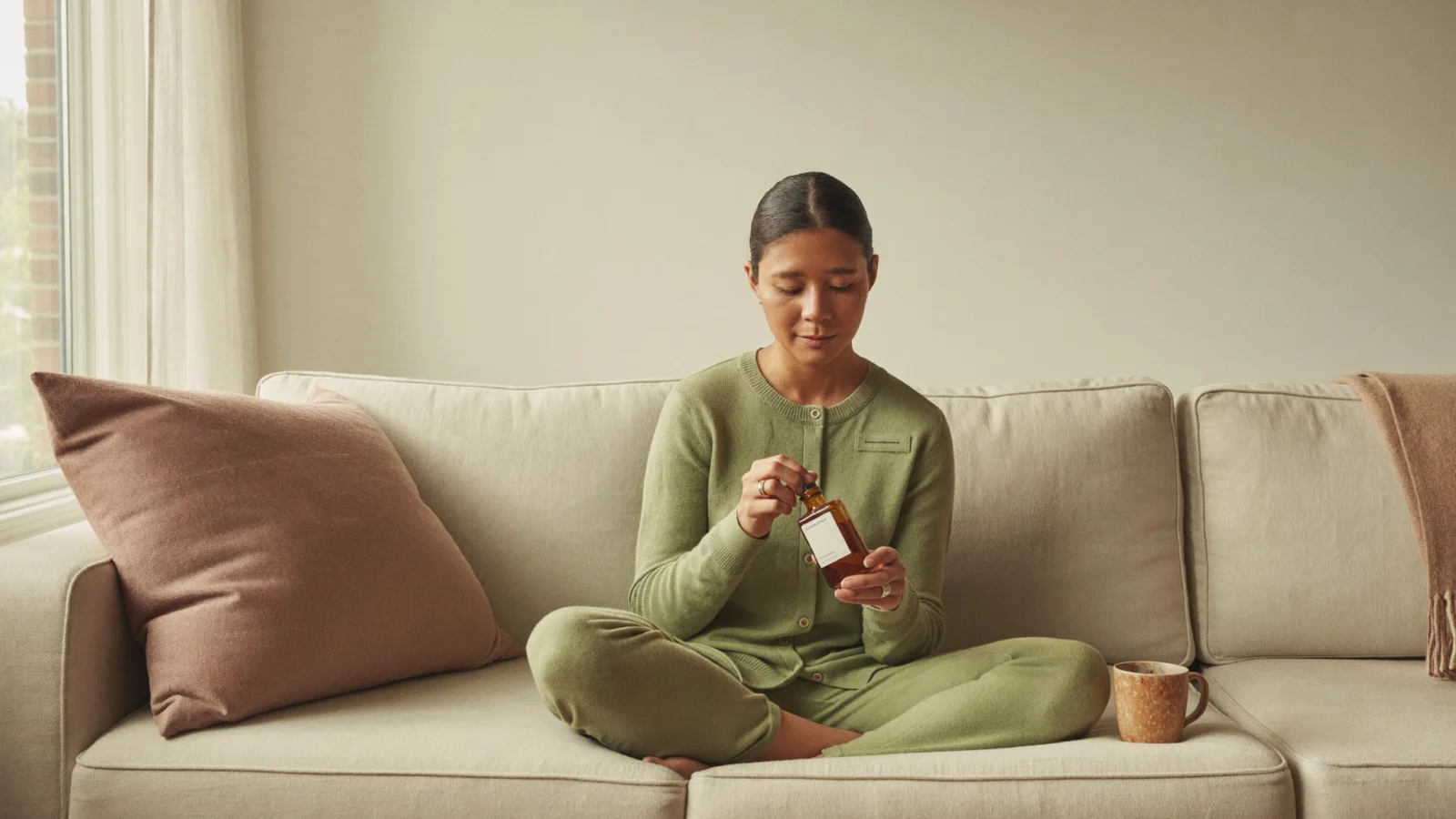 Mom sitting on a sofa looking at a small amber CBD oil bottle, wondering if CBD shows up on a drug test