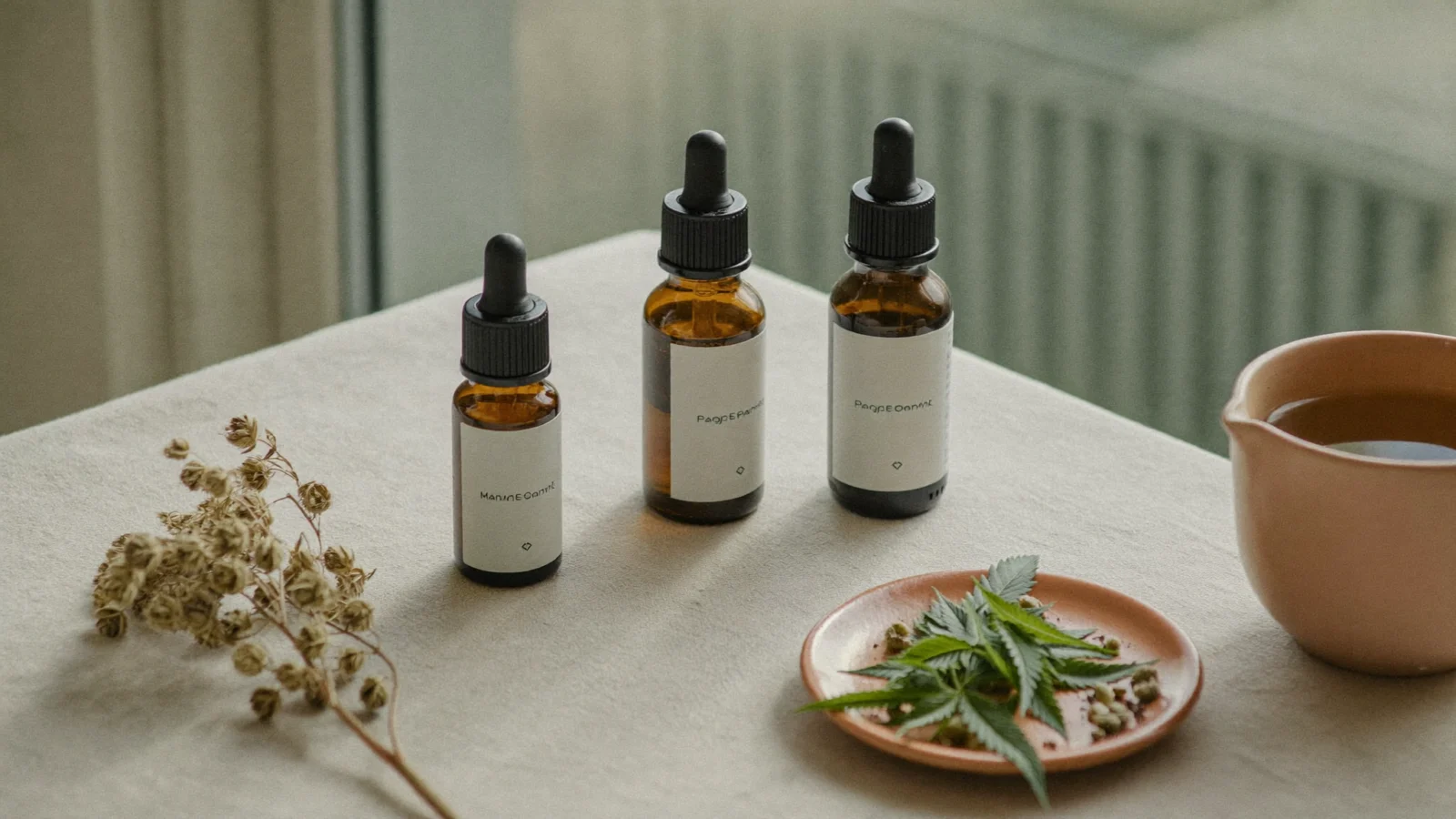 Three amber CBD oil dropper bottles on a linen table with hemp leaves and seeds, comparing full-spectrum, broad-spectrum and isolate CBD