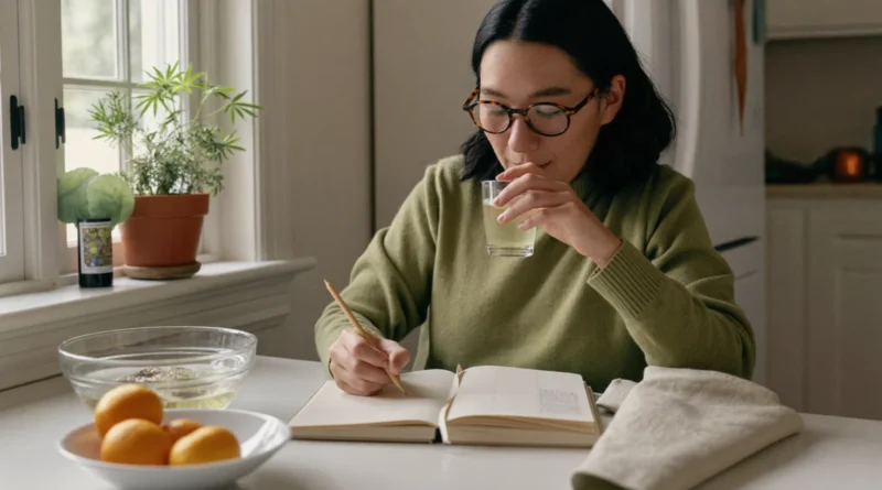 Woman in glasses sipping water at a sunny kitchen table while writing in a planner