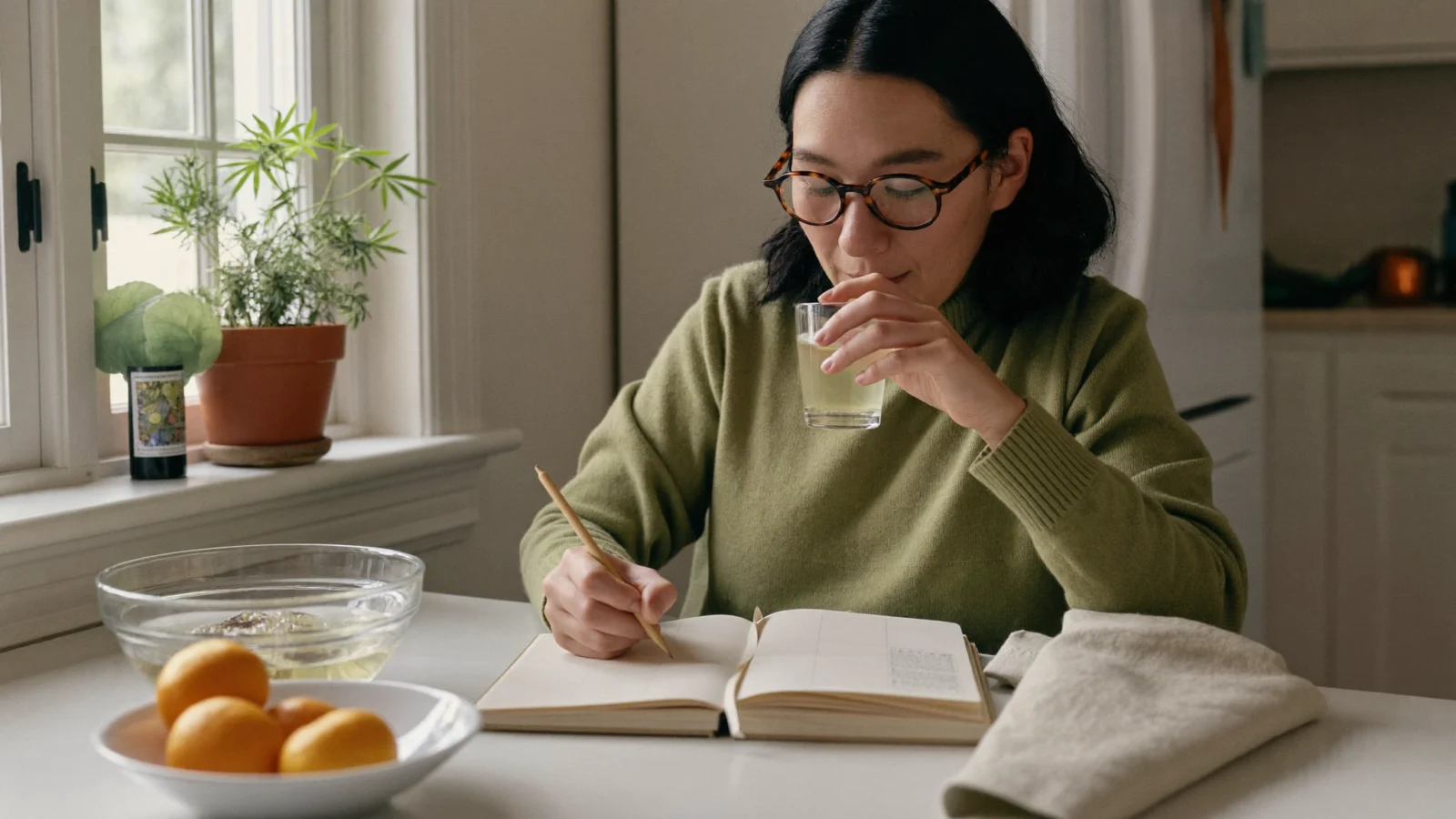 Woman in glasses sipping water at a sunny kitchen table while writing in a planner