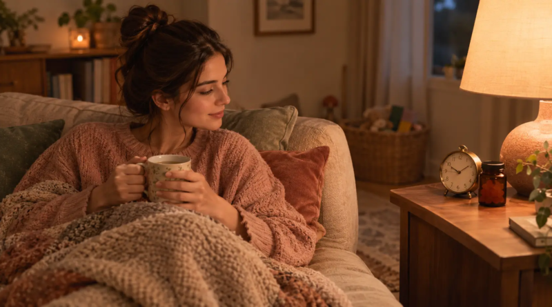 Mom relaxing on the couch in the evening with tea, waiting for an edible to kick in