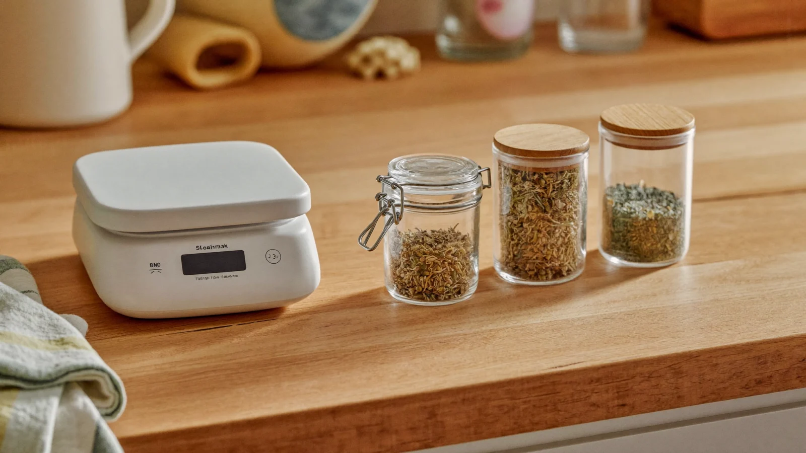Small digital kitchen scale next to three glass jars of dried flower in different sizes, showing weed measurements in grams