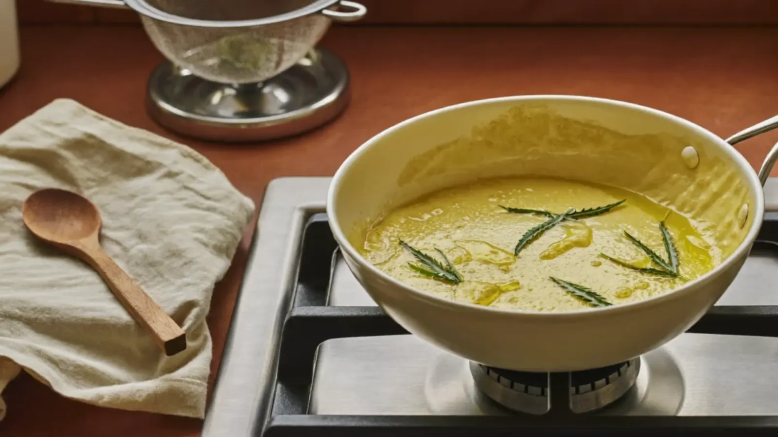 Butter gently infusing with herbs in a pan on the stovetop with a strainer nearby, the first steps of making cannabutter at home
