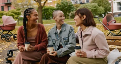 Three moms laughing together on a park bench with coffee cups on a fall morning, strollers in the background