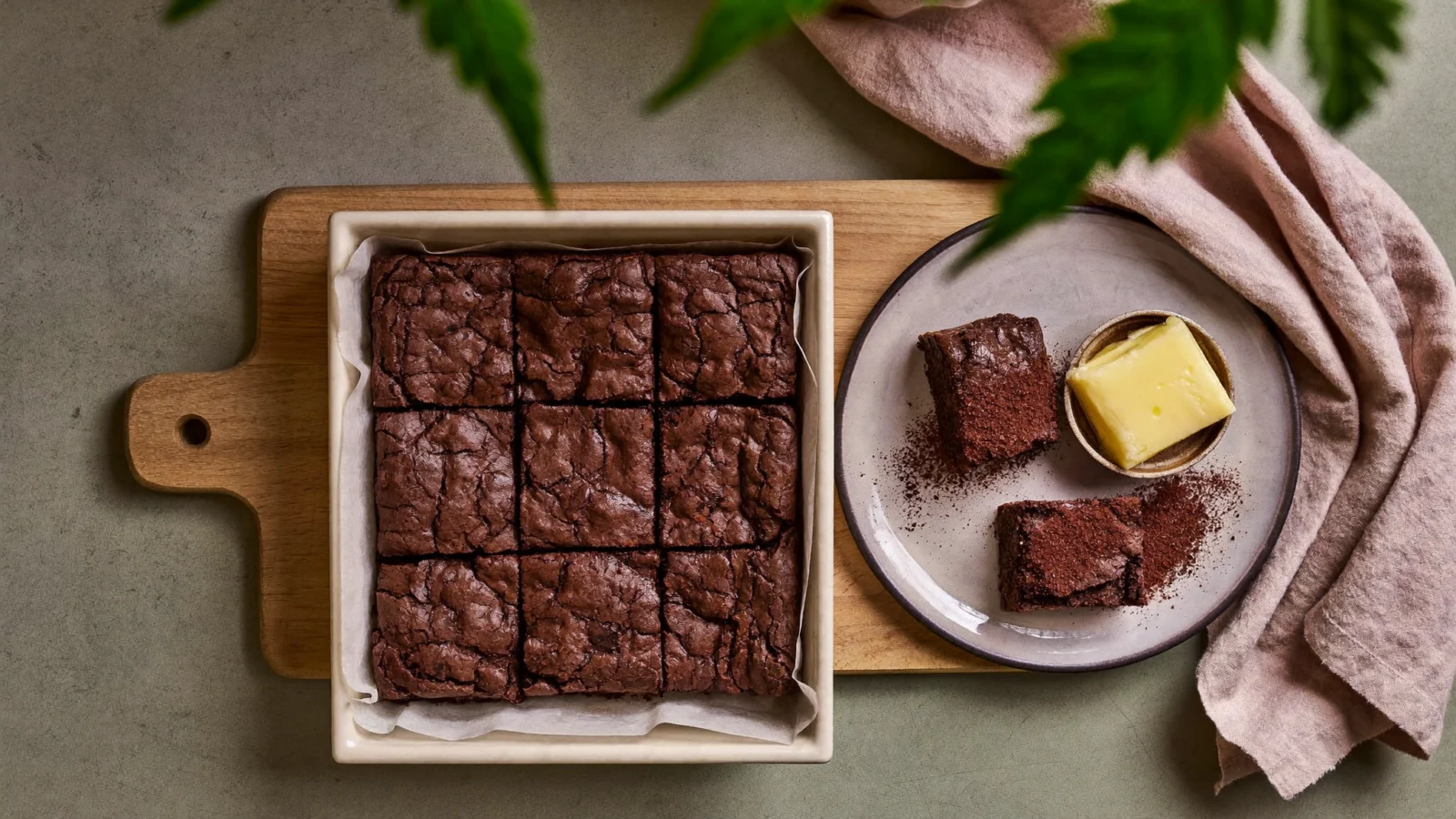 Homemade weed brownies cut into small even squares in a baking dish next to a dish of cannabutter