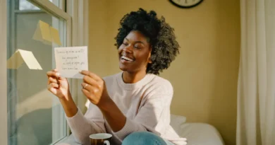 Smiling mom reading an encouraging handwritten note by a sunny window with coffee, a moment of inspiration