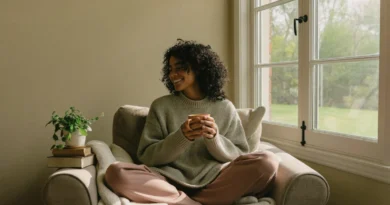 Smiling mom in a cozy sweater sitting in an armchair by a sunny window with a warm mug, taking a quiet self-care moment
