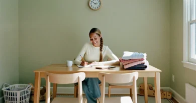 Smiling stay-at-home mom writing her daily schedule in a planner at the dining table next to folded laundry