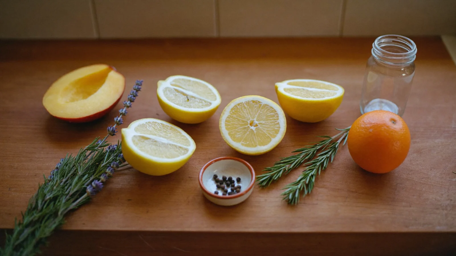 Lemons, orange, mango, lavender, rosemary and black peppercorns on a wooden counter, natural sources of common cannabis terpenes