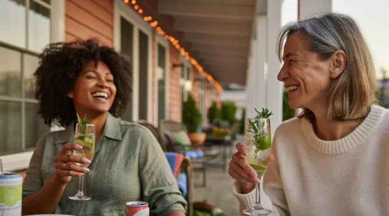 Two women laughing on a cozy back porch at golden hour, holding sparkling drinks garnished with lime and rosemary