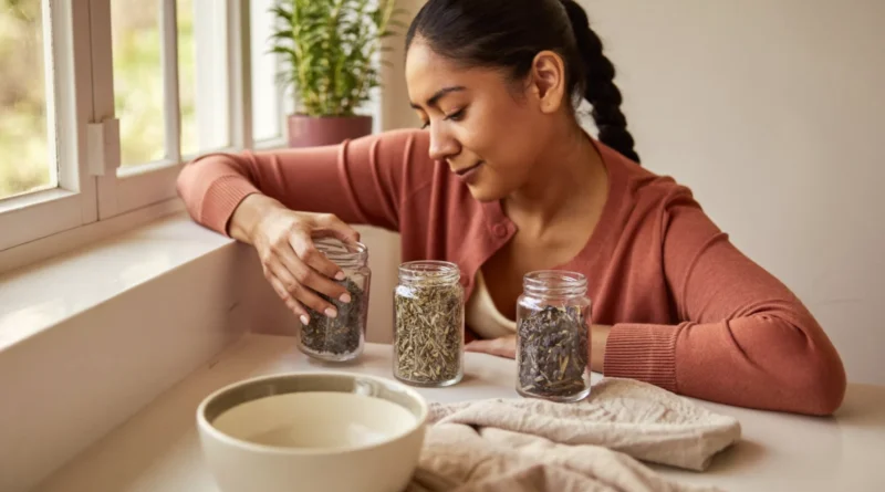 Woman with a long braid comparing small glass jars of dried herbs at a sunny kitchen counter