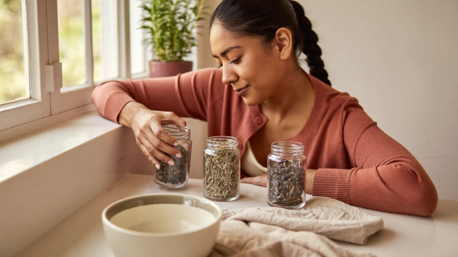 Woman with a long braid comparing small glass jars of dried herbs at a sunny kitchen counter
