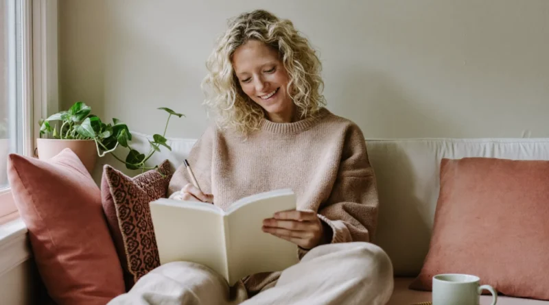 Smiling woman with curly blonde hair journaling on a cozy window seat with a cup of tea