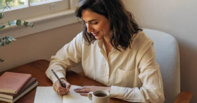 Woman with dark wavy hair writing in a notebook at a sunny wooden desk with a cup of tea