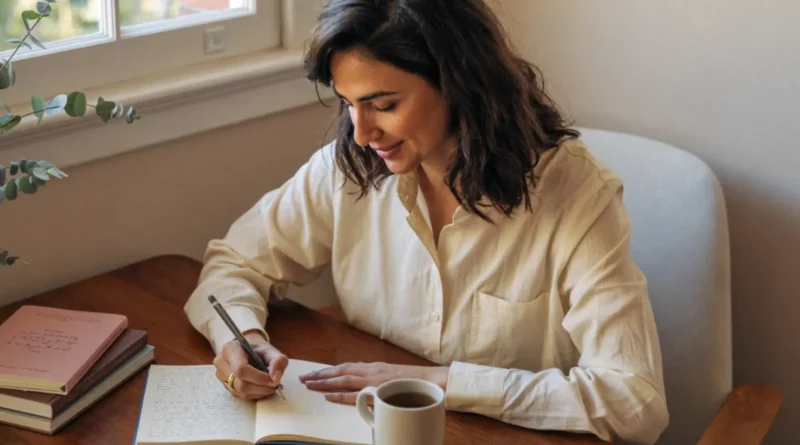 Woman with dark wavy hair writing in a notebook at a sunny wooden desk with a cup of tea