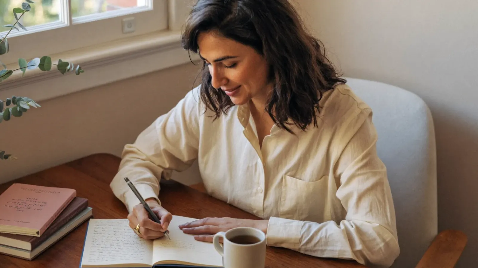 Woman with dark wavy hair writing in a notebook at a sunny wooden desk with a cup of tea