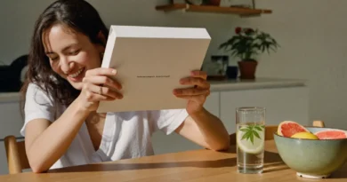 Smiling mom at a sunny kitchen table reading the back of a product box to learn what delta-10 THC is