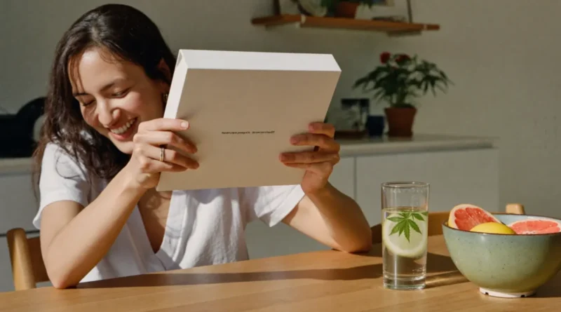 Smiling mom at a sunny kitchen table reading the back of a product box to learn what delta-10 THC is