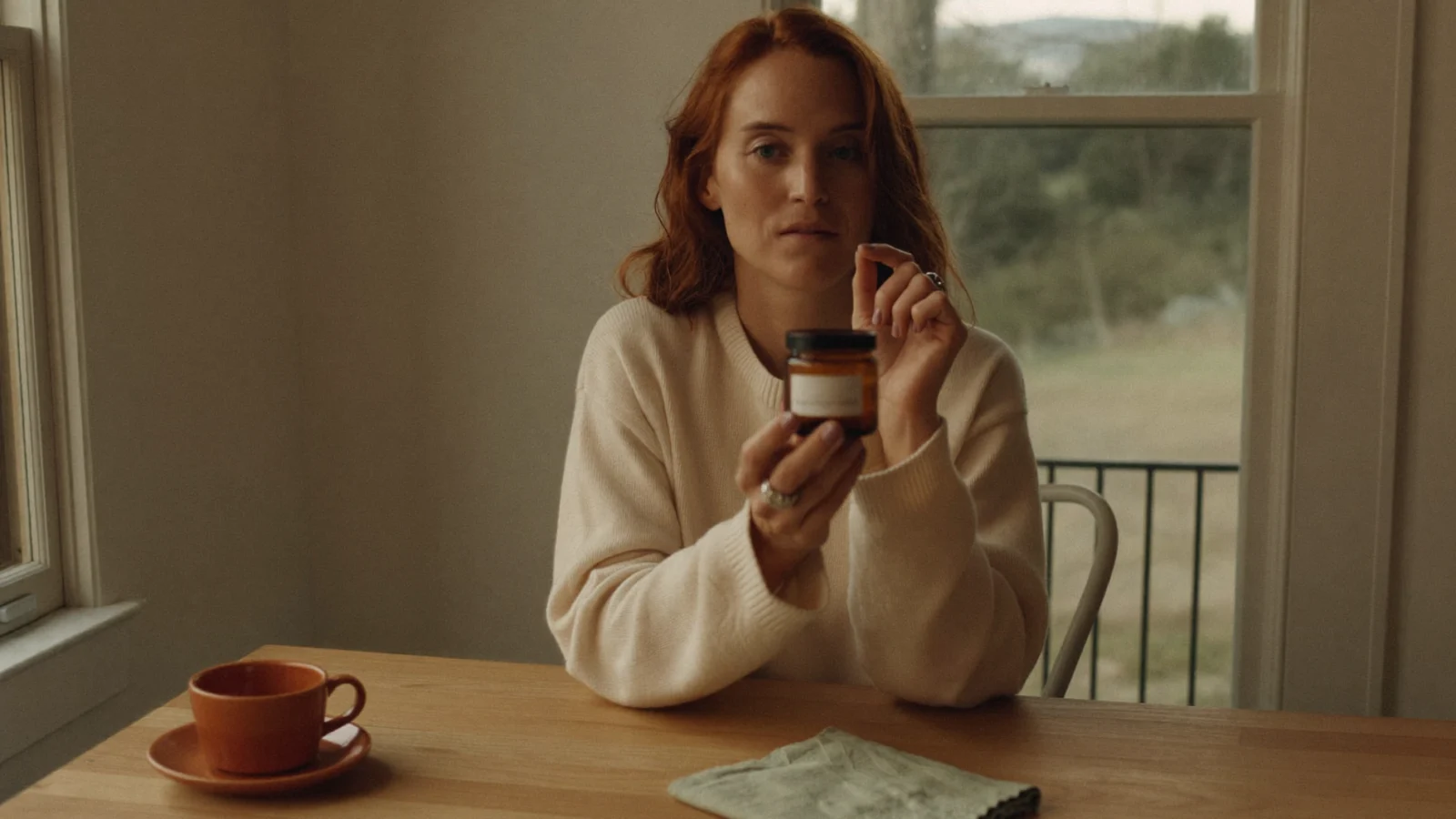 Curious mom at a sunny kitchen table holding a small amber jar and reading the label to learn what THCP is